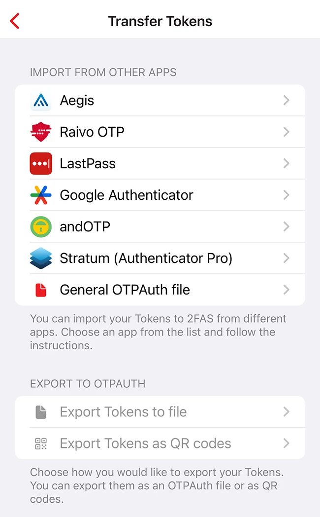 transfer tokens 2FAS Auth