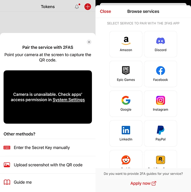 creating tokens 2FAS 2fa ios