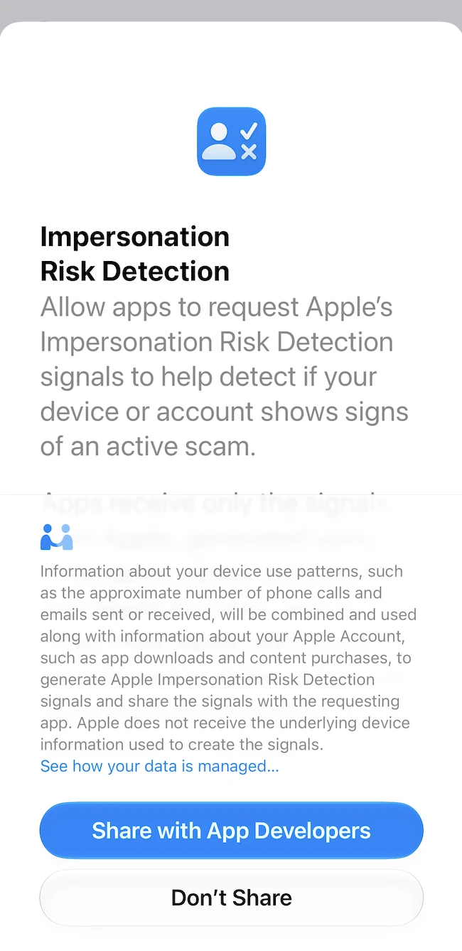 Share with App Developers Apple Impersonation Risk Detection