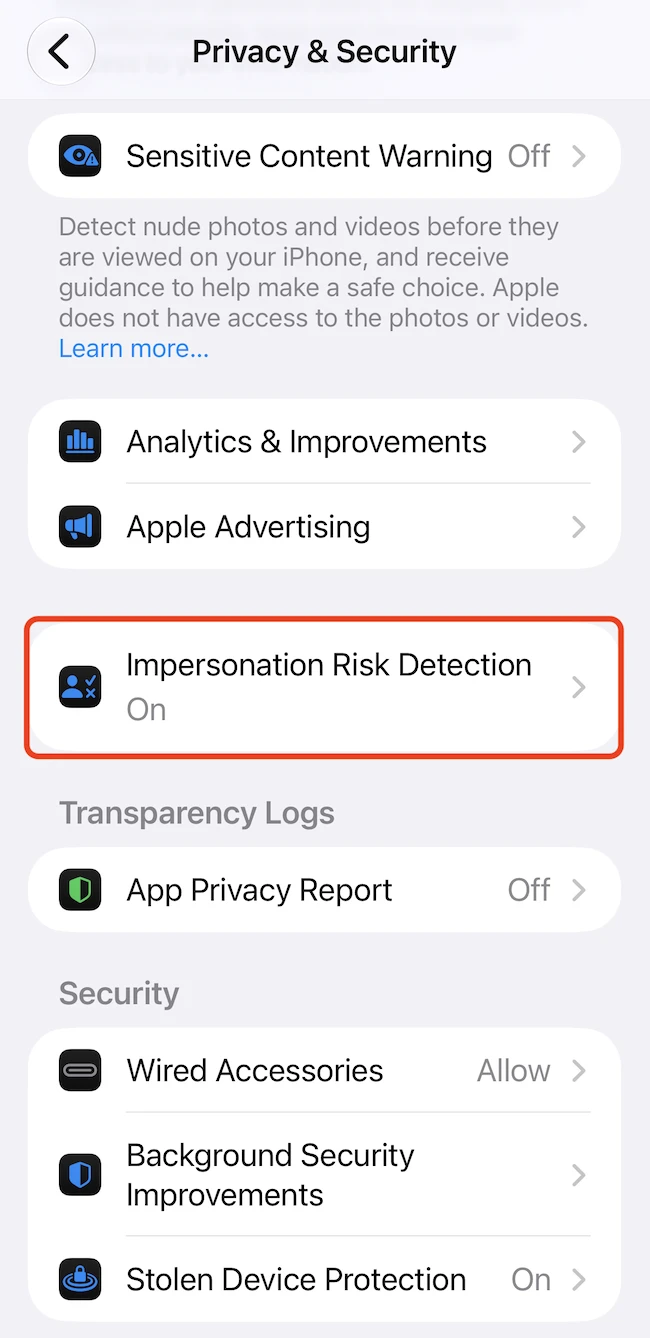 Privacy & Security Apple Impersonation Risk Detection