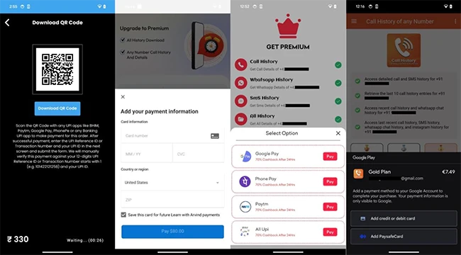 Various payment options used by CallPhantom apps CallPhantom Android scam
