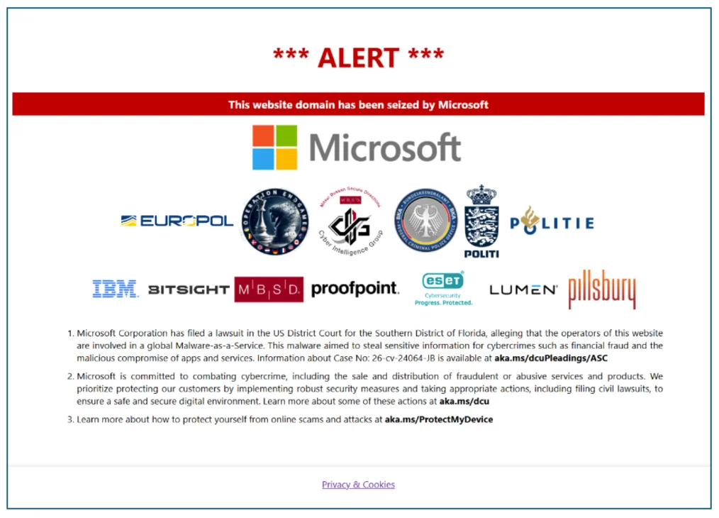 The notice on disrupted websites (Source: Microsoft) StealC Amadey malware disrupted