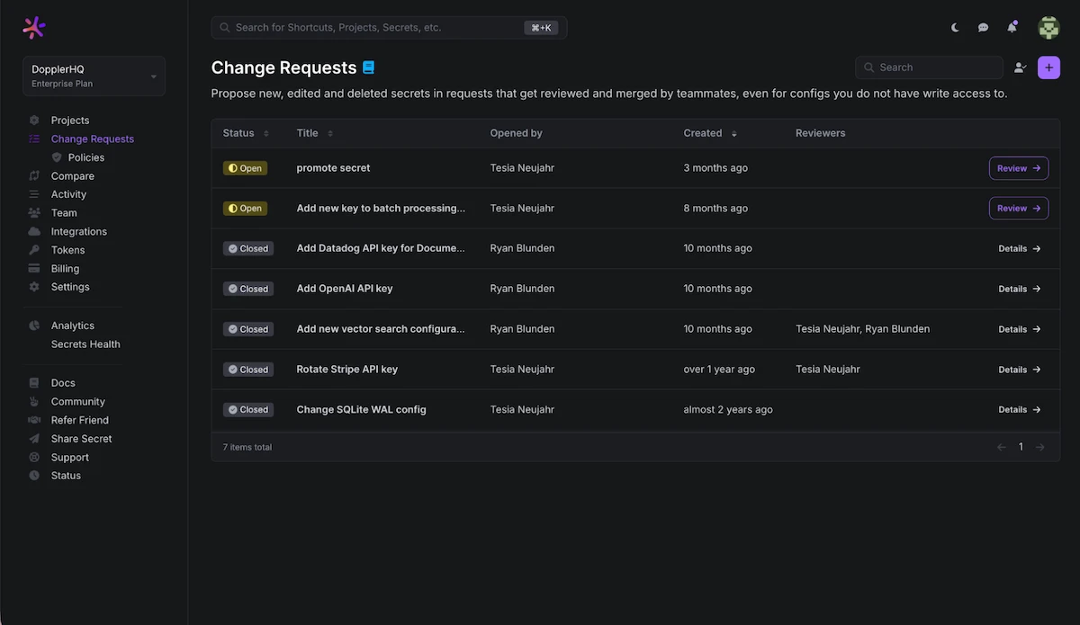 Change Requests Doppler secrets management platform