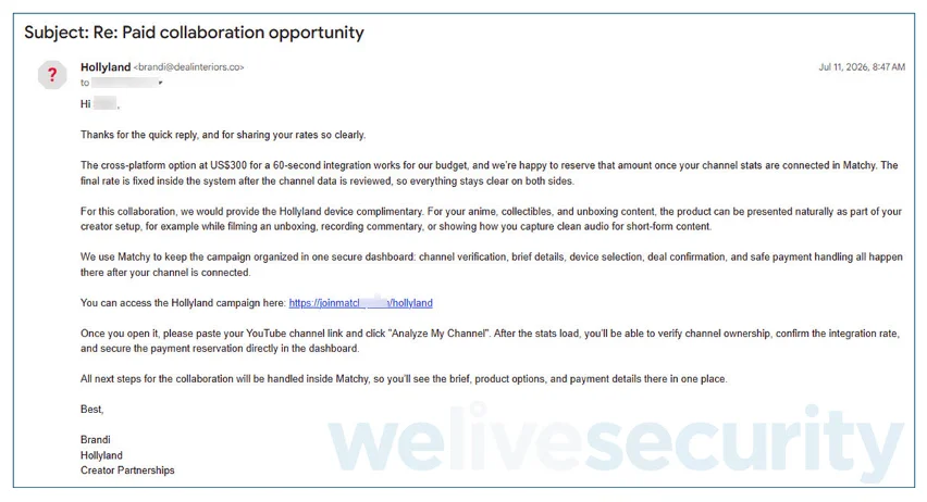 The second email, pointing to the fake collaboration plaftorm (Source: ESET) scams targeting YouTube creators