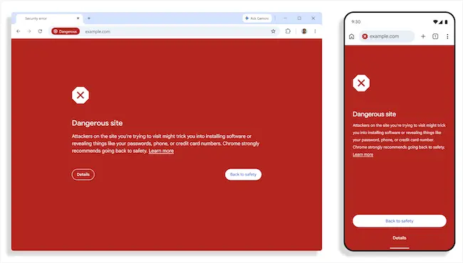 Dangerous site warnings in Chrome Chrome Enhanced Protection