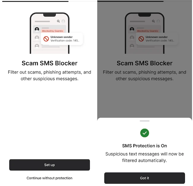 SMS scam blocker Guardio Mobile Security