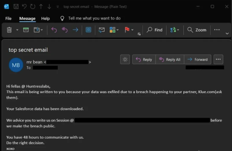 Extortion email received by Huntress (Source: Huntress) Klue Salesforce data breach Huntress