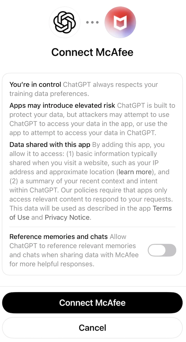 Integration McAfee ChatGPT scam detection