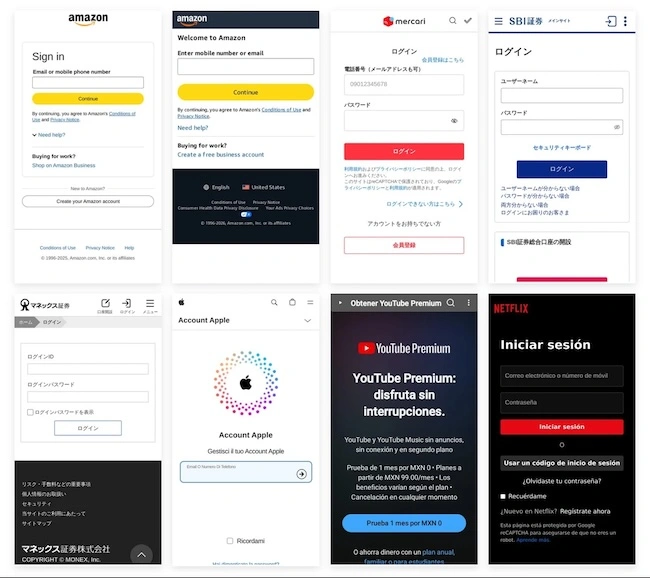 Sample of landing pages impersonating mainstream tech, streaming and brokerage services around the world. The templates are tailored to specific countries using trusted local or international brand names and local language. phishing kits marketplace