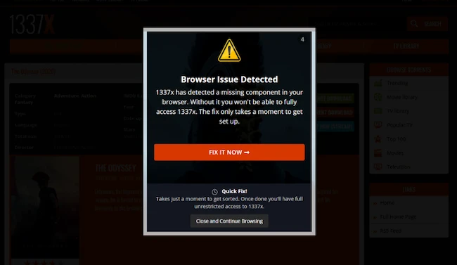 The fake “Browser Issue Detected” warning Odyssey movie piracy scams