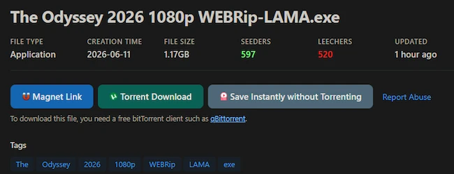 Torrent listing for Odyssey movie piracy scams