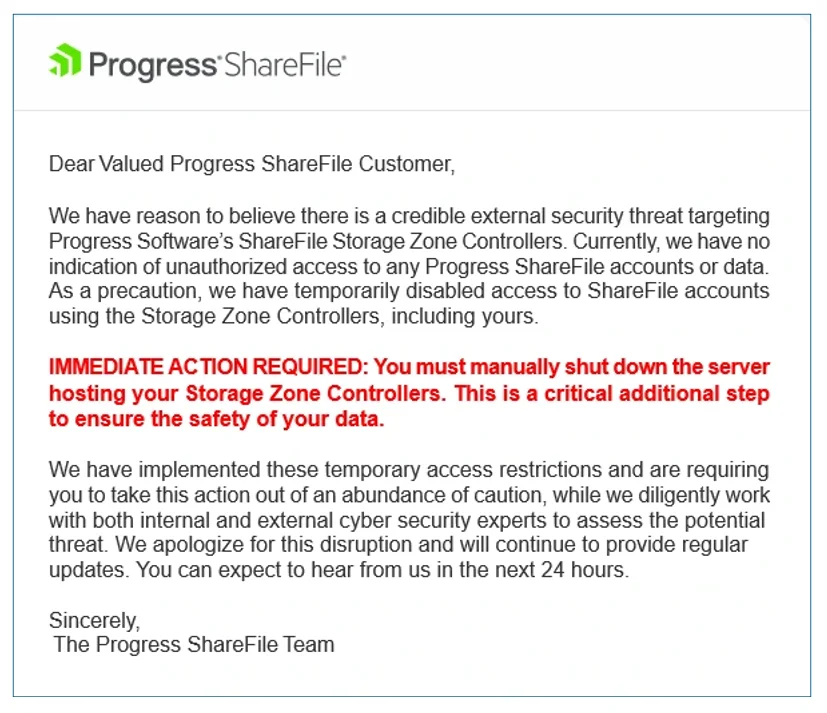 The initial email alert from Progress Software Progress ShareFile security threat