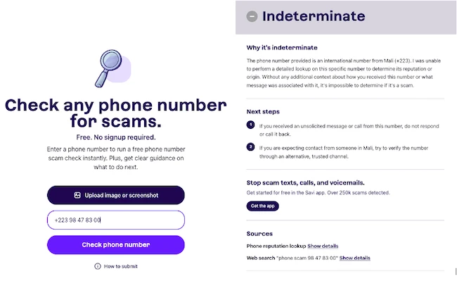 phone number check Savi Scamwise