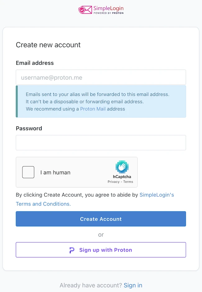 creating account SimpleLogin