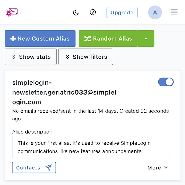 creating alias SimpleLogin