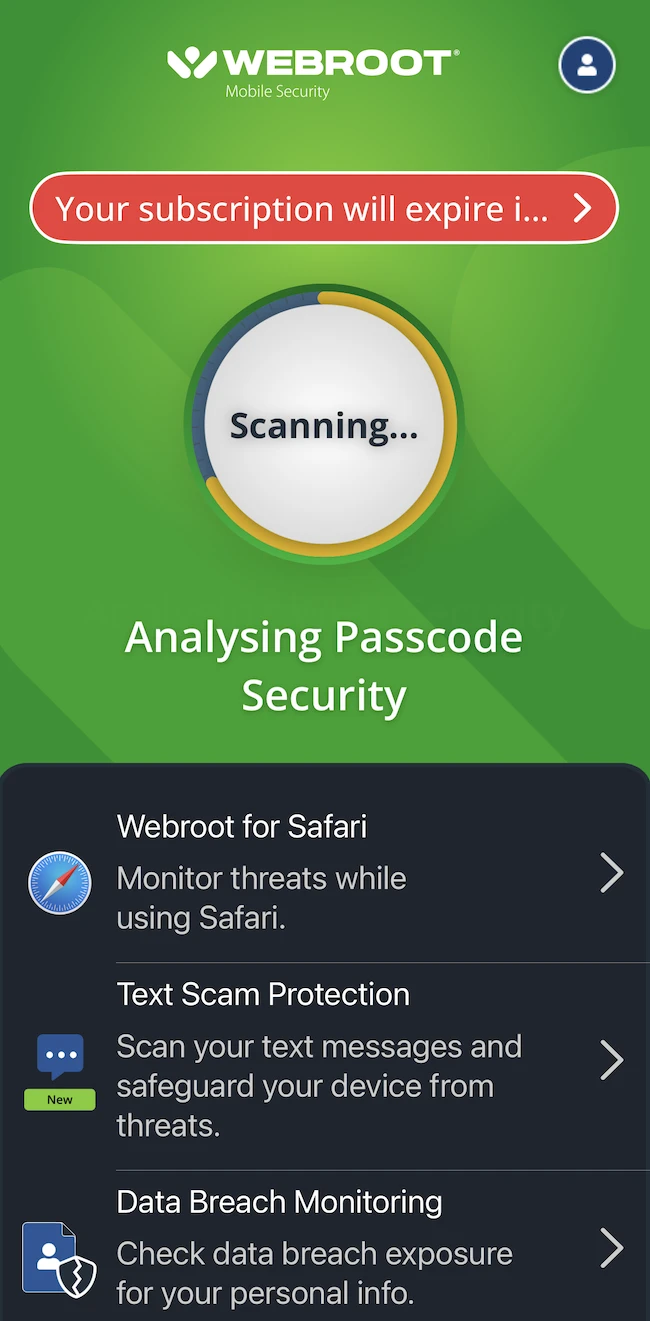 Scanning Webroot Mobile Security