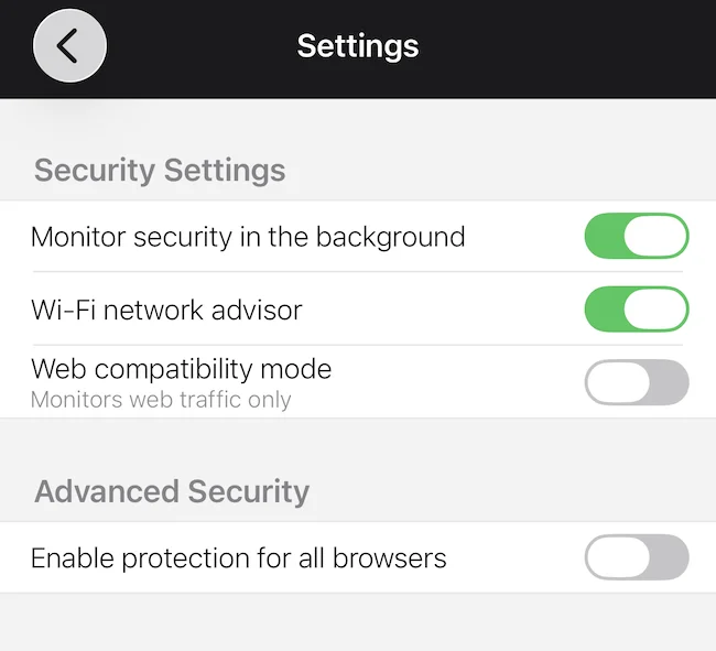 Settings ZoneAlarm Mobile Security