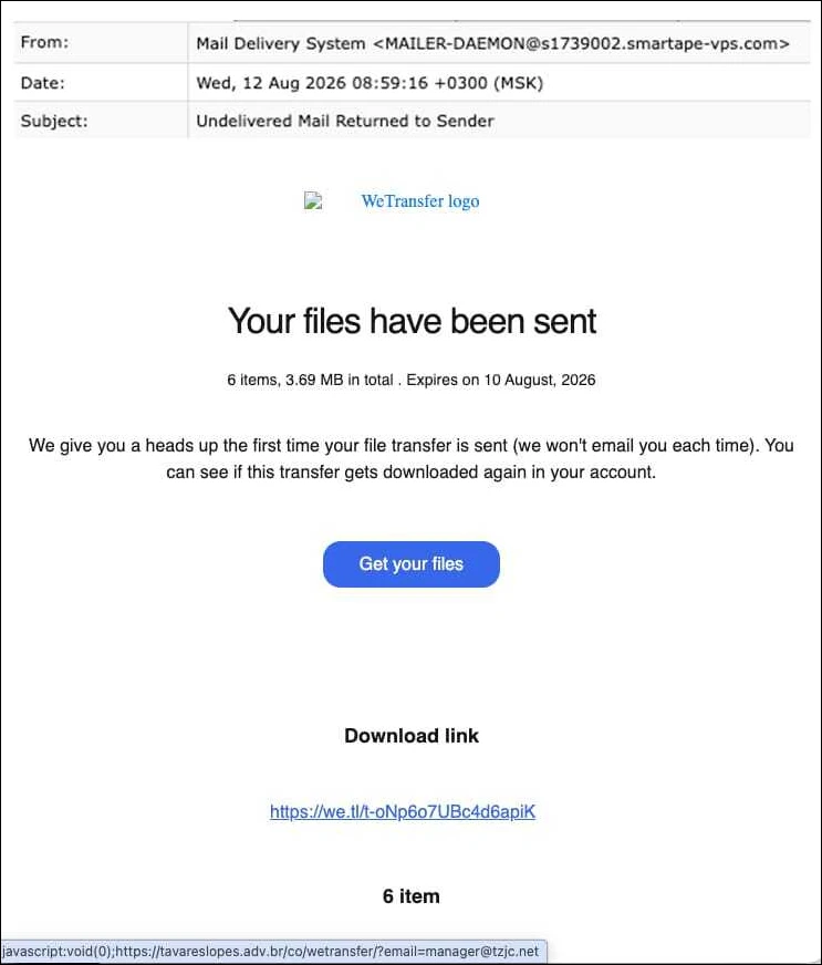 The bounced email delivers a file-sharing lure (Source: Cisco Talos) legitimate platforms phishing emails