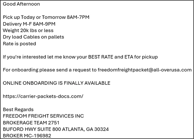 Email content sent after responding to a fraudulent load posted on a load board cargo theft malware