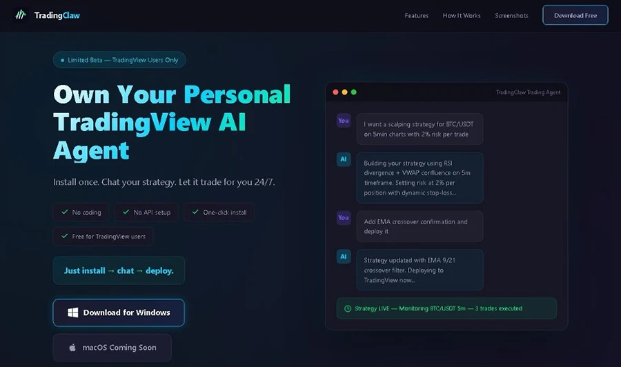 Example of a website promising an installer for an AI trading agent fake AI trading agent