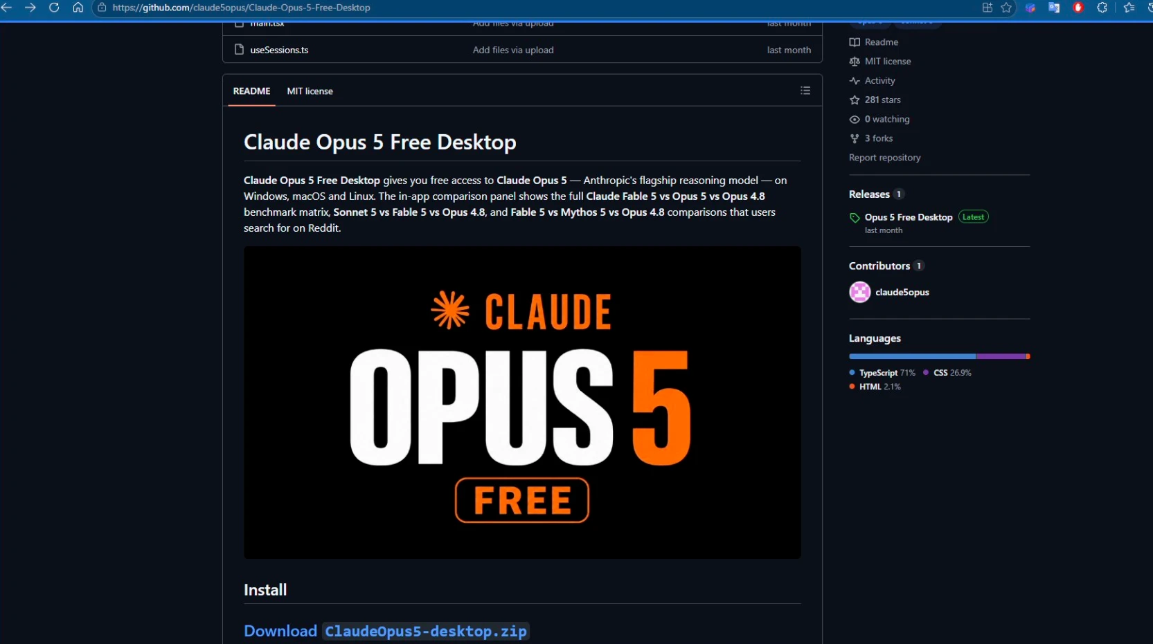Repository README using Claude Opus 5 branding and a “Free” hook fake Claude Opus 5 malware