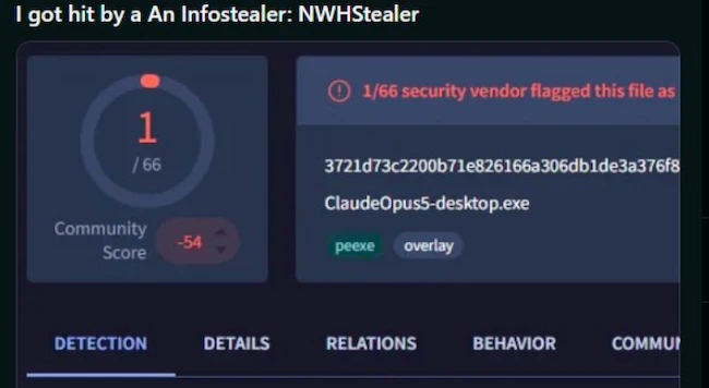 RevStealer sample detected by just 1 of 66 security engines fake Claude Opus 5 malware
