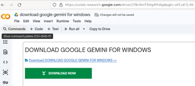 The Google Colab page containing a download prompt for the fake Google Gemini installer fake Gemini installer