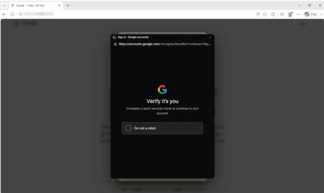 A fake Google verification window fake Claude Max giveaway