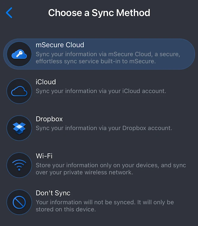 Choose a Sync Method mSecure password manager
