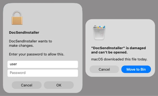Fake password prompt and damaged app warning MacSync macOS malware