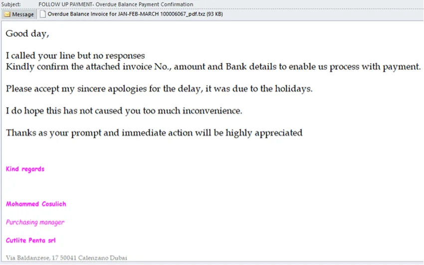 The phishing email carrying the malicious TXZ archive (Source: Fortinet) PureLogs infostealer steganography