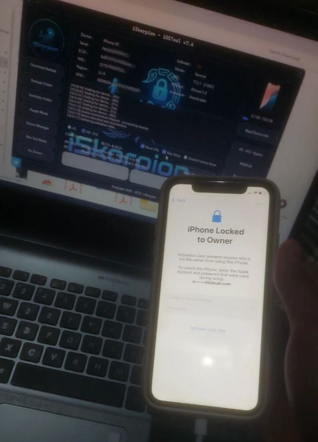 Buyer asking for help on how to unlock a likely stolen iPhone XR. An unlocking tool can be seen in the background. stolen iPhone unlocking tools