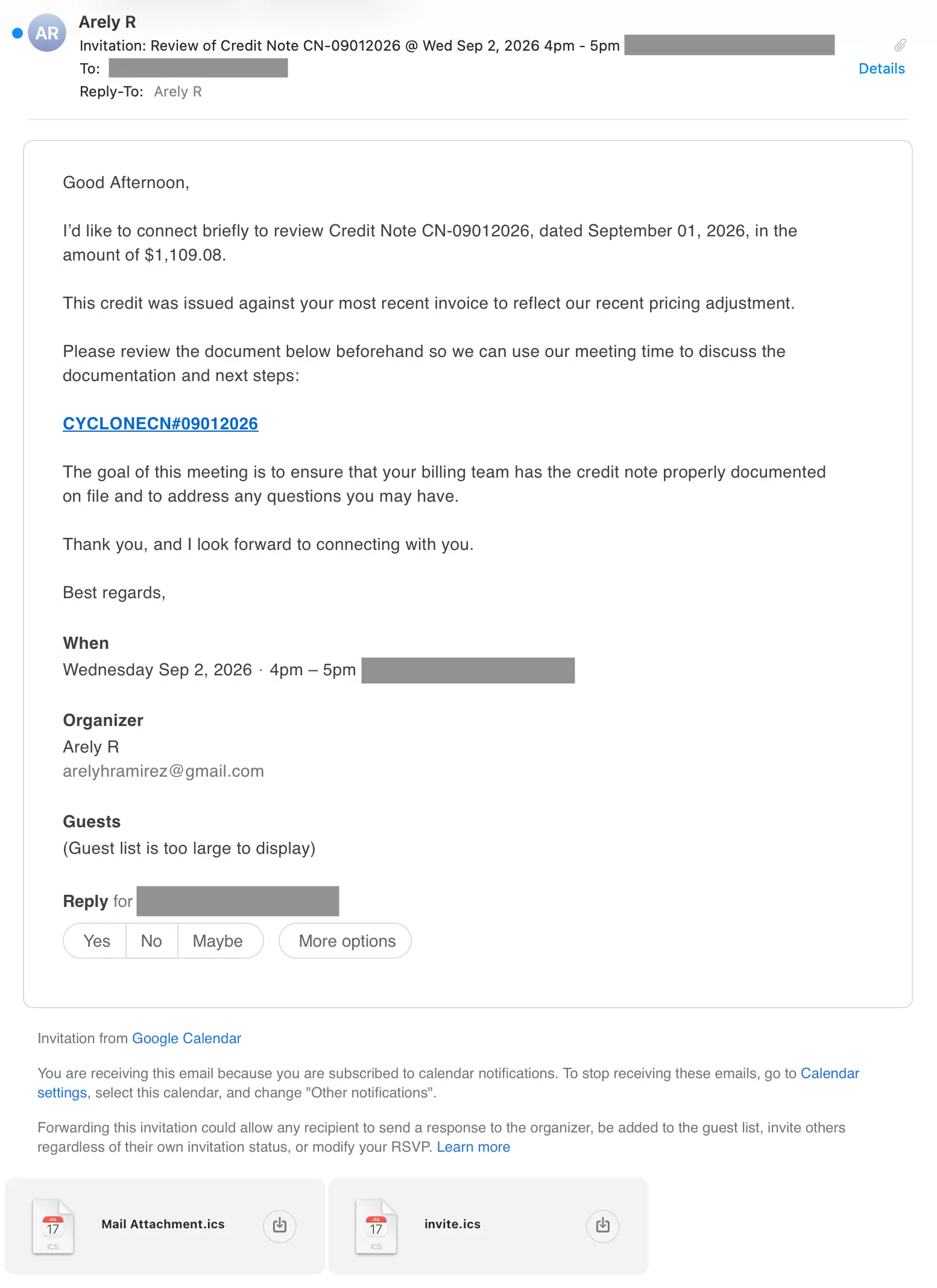 The malicious email / invite (Source: Sublime Security) malicious calendar invites